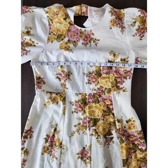 Nwt Sézane Jiana Ella Floral Linen Blend Puff Sleeves Open Back Midi Dress US 10 - Picture 8 of 12